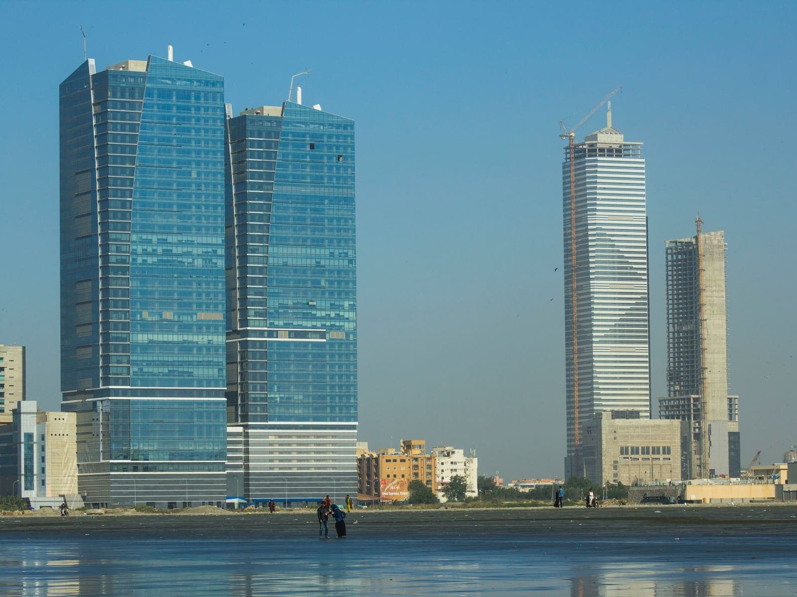 Sea View beach in Karachi with the Clifton skyline behind